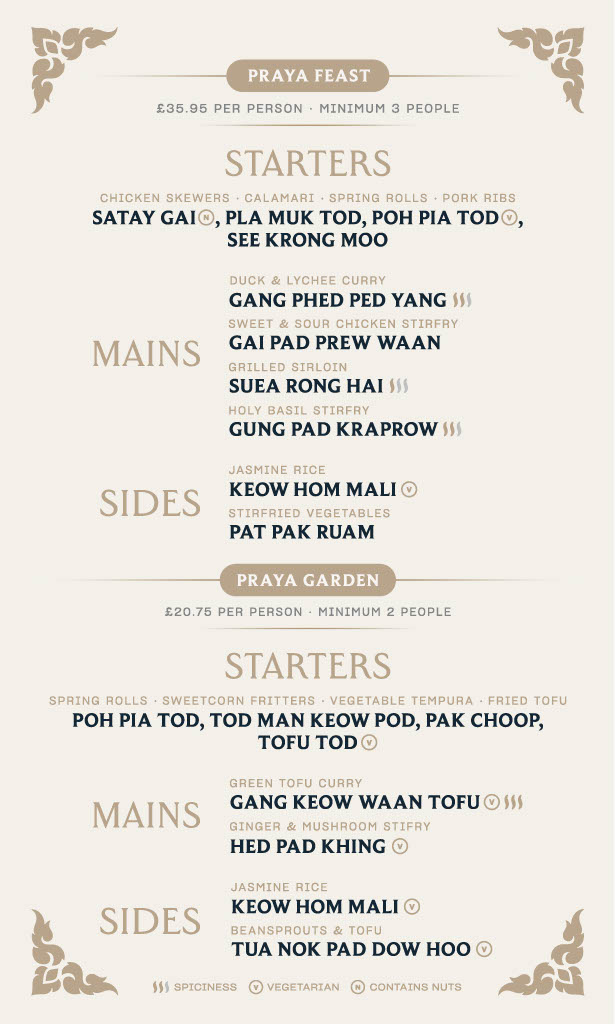 A La Carte Menu for Praya Thai Restaurant Cardiff - feasts