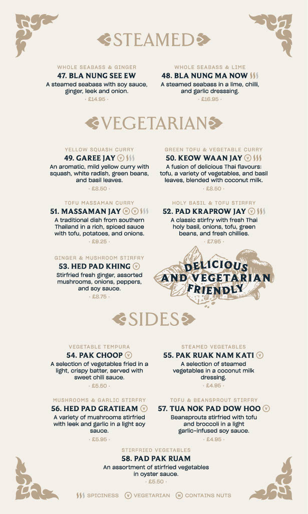 A La Carte Menu for Praya Thai Restaurant Cardiff - Vegatarian and Sides section